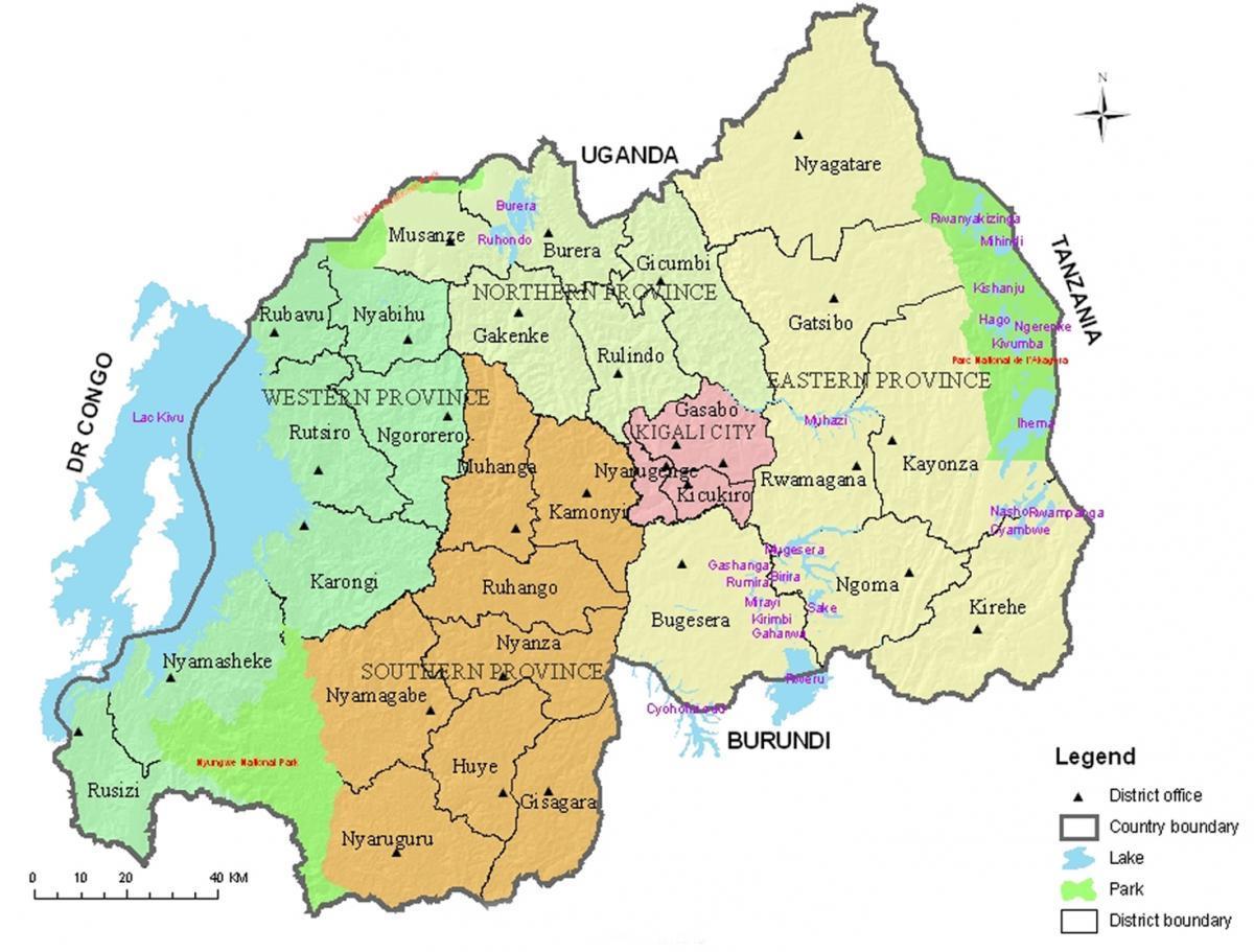 mapa Rwandy s okresov a odvetviach